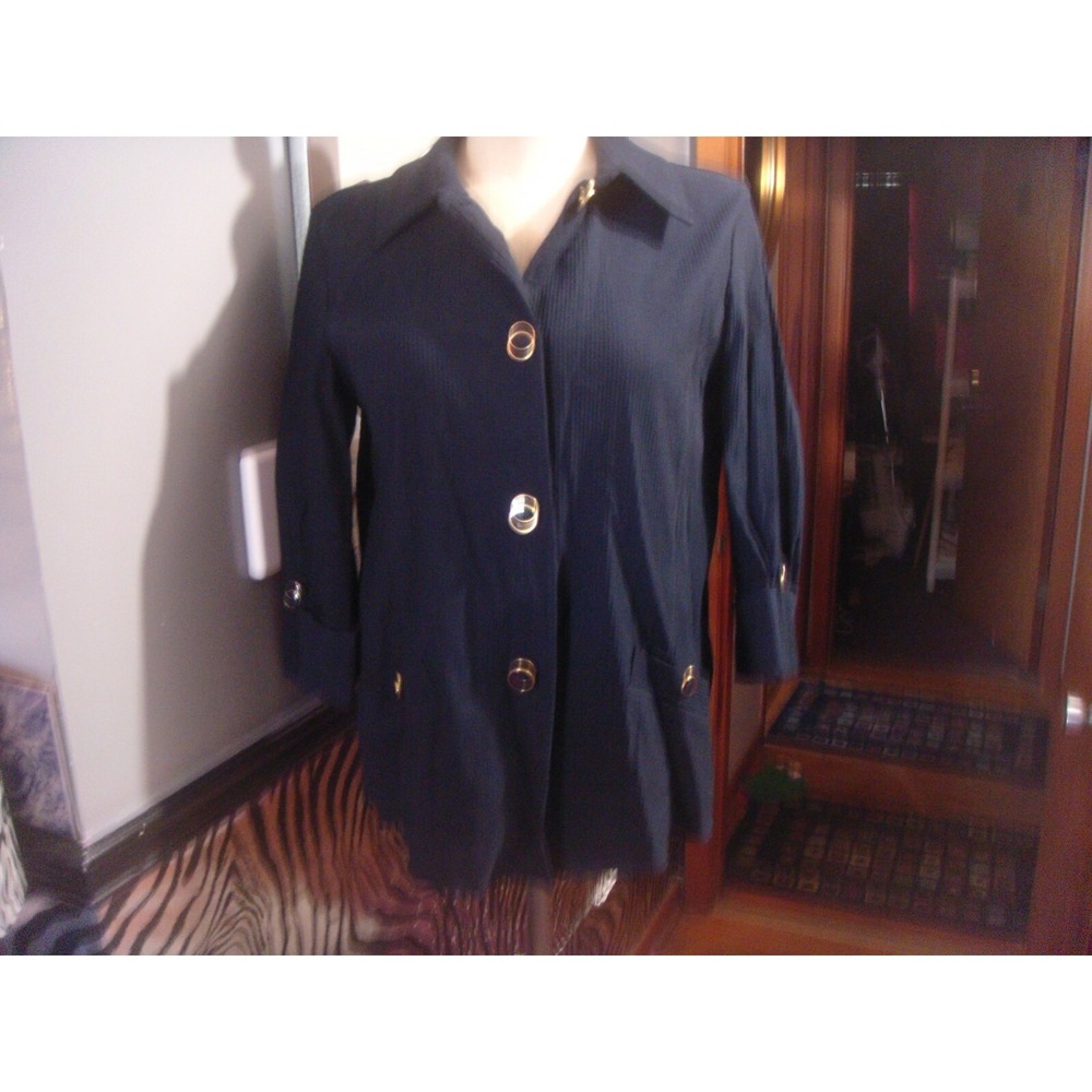 Attyre New York womens‎ L blazer sports jacket 3/4 sleeve stretch navy button up